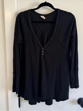 We The Free Black Waffle Henley Long Sleeve Top with Back Tie